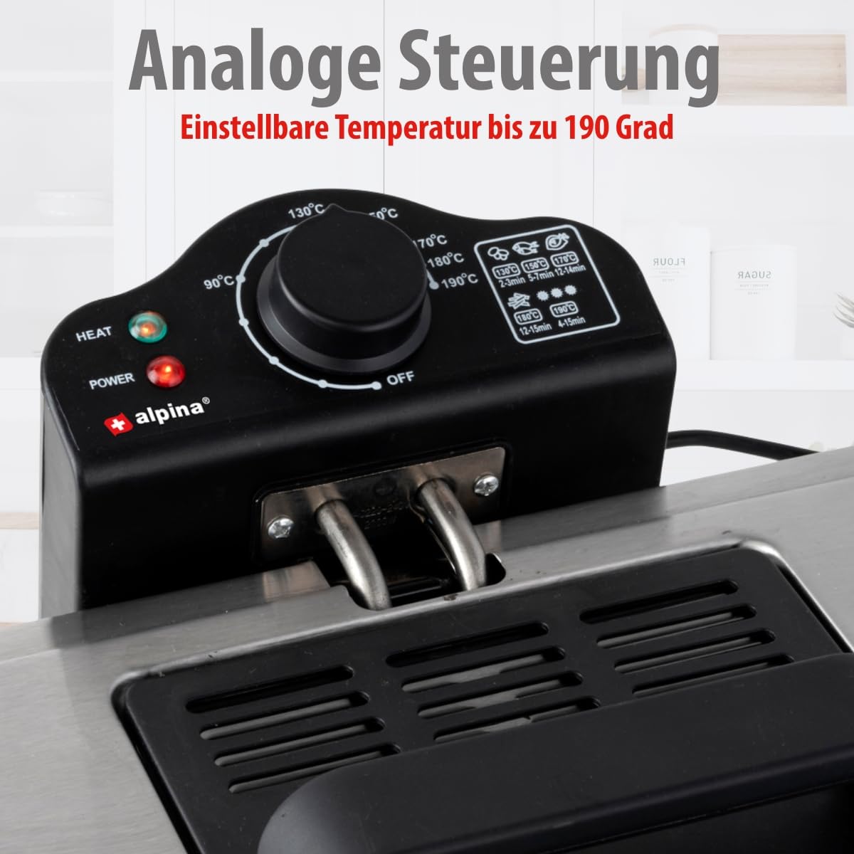 alpina Doppel Friteuse 5L WJ-801 - Fritteuse mit Öl 200W - Fritöse mit 3 Körbe - Einstellbarer Thermostat bis 190 °C - Geschützt gegen Überhitzung - Perfekt für Pommes oder Snacks - Edelstahl - Silber