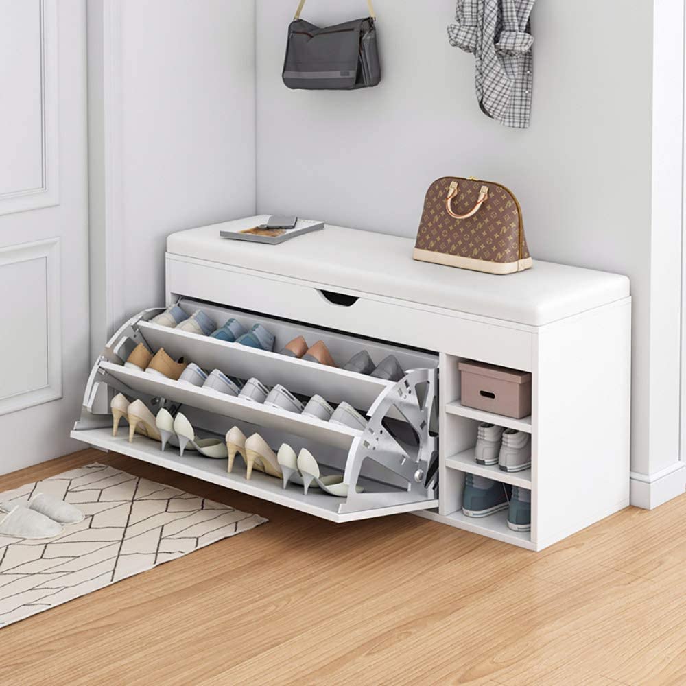 Wooden Shoes Rack Bench with Shoe Changing Stool Foldable Seat Shoe Rack Cabinet Nonwoven Fabric Cover Closet Shoes Rack Organizer Multi Function Storage Organizer Shoes Rack (100X34X53CM, WHITE)