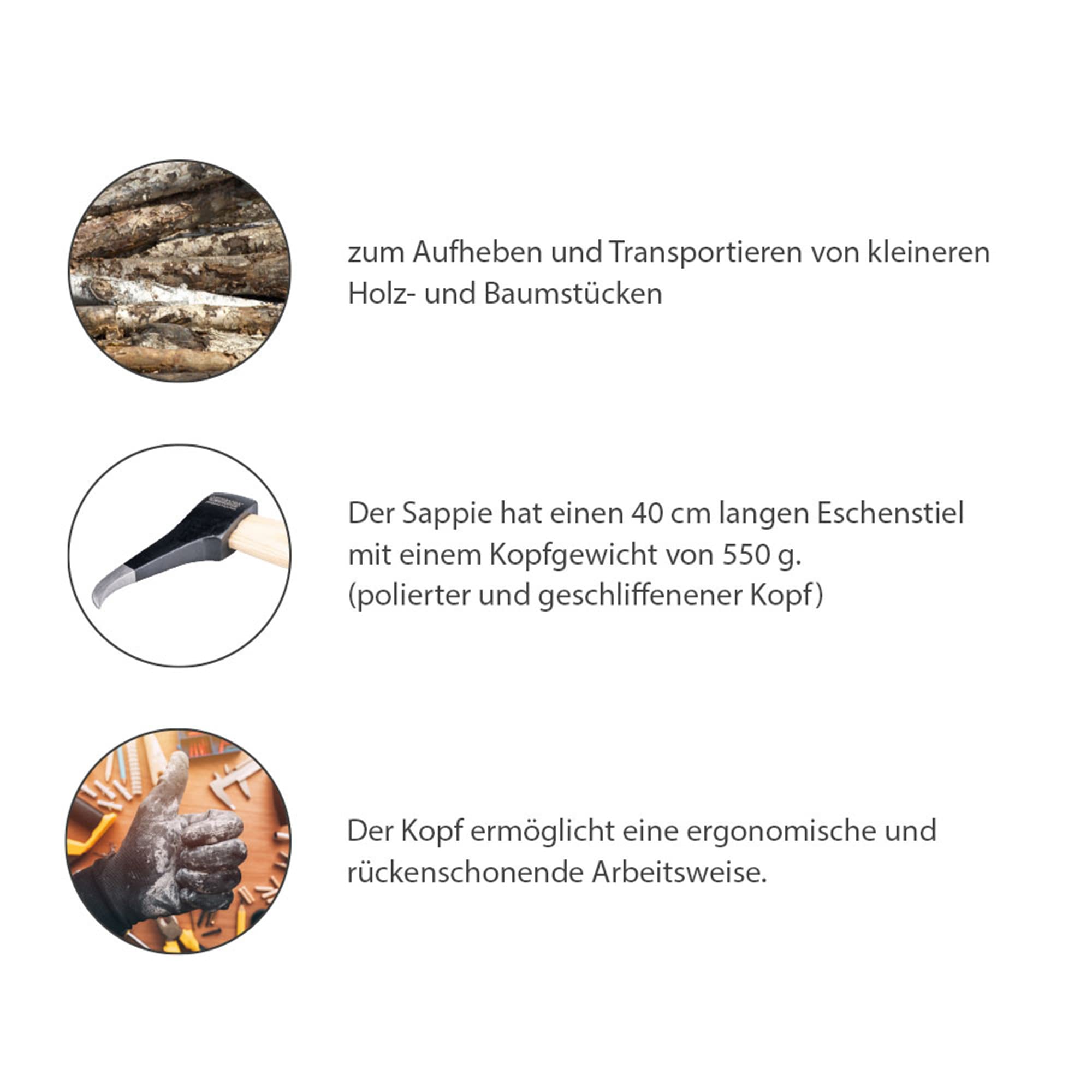 Germania Sappie aus Eschenholz - Sappiekopf 550g -Länge 40cm - Stiel aus Eschenholz - Forstwerkzeug für Holz - Holzzange - Holzheberhaken - Wendehaken & Hammer