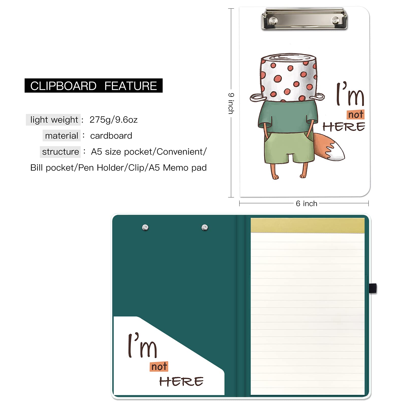 Hongri Mini-Klemmbrett mit nachfüllbarem liniertem Notizblock und Innentasche für Studenten, Klassenzimmer, Büro, Frauen, Mann, Standard A5 Größe 15.2x22.9 cm, Not Here