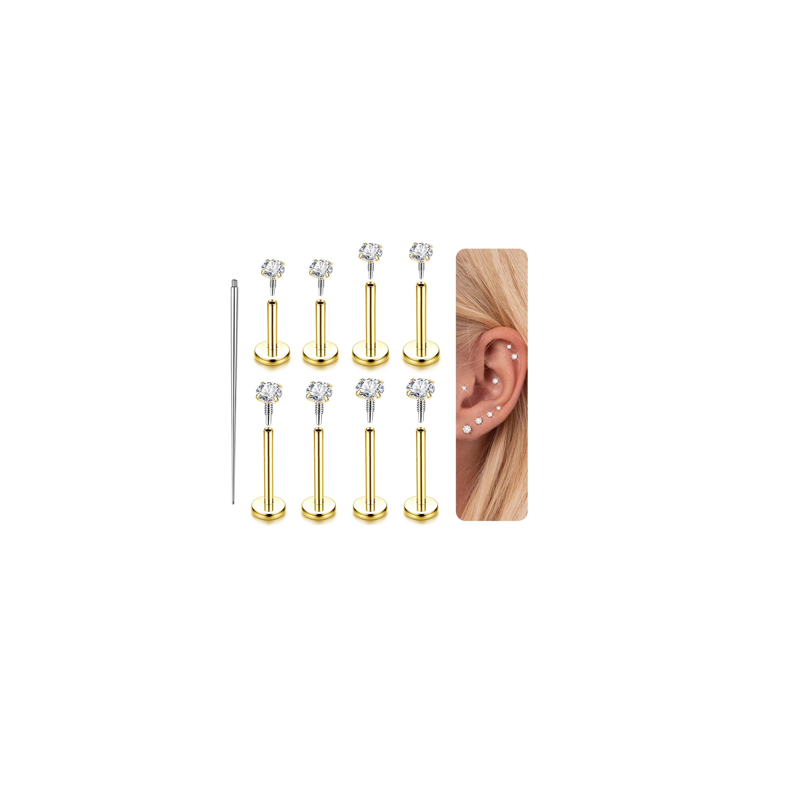 14K Gold Plated Flat Back Stud Earrings - 316L Surgical Steel Internal Thread CZ Stud Piercing Jewelry for Tragus Helix Cartilage Conch Nose Hypoallergenic Lip Labret Medusa Piercing 16G 18G