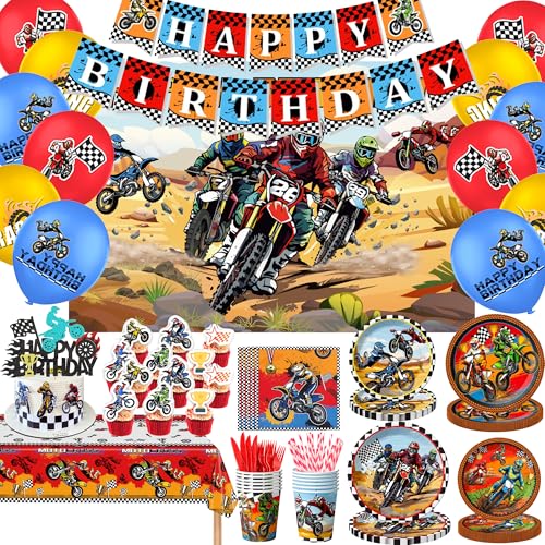 Dirt Bike Birthday Party Decorations Motorcycle Party Supplies Tableware for 20 Guests Dirt Bike Plate Napkins Cup Tablecloth cake Topper Banner Backdrop Balloon for Motocross Dirt Bike Party Supplies