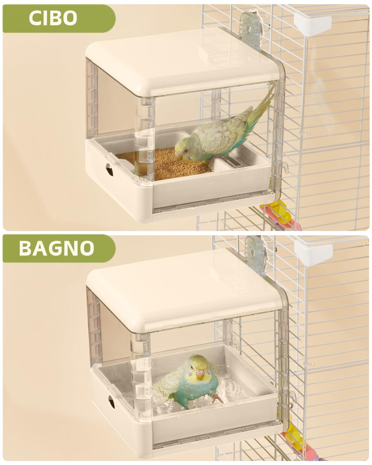 Bagno per uccelli per gabbia, ciotola per uccelli sospesa, accessori per gabbia per uccelli adatti a uccelli di piccole e medie dimensioni, pappagalli, inseparabili, fringuelli, parrocchetti (Bianco)