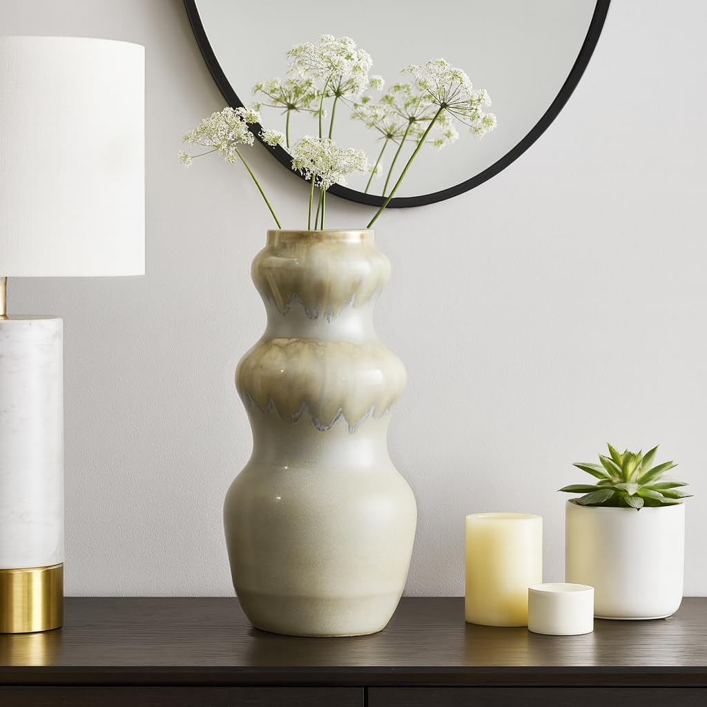 Decorative Pottery Accent Vase for Living Room Decor - Minimalist Flower Vase for Bedroom Nightstand, Office Desk, or Home Decor - House Accent for Kitchen Counter or Table Display - 19", Gray