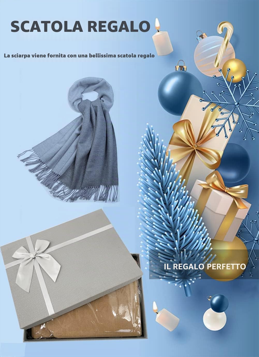 Sciarpa Lana Donna 200×70 cm Effetto Cachemire Calda Morbida Oversize Reversibile Con Frange Scatola Regalo