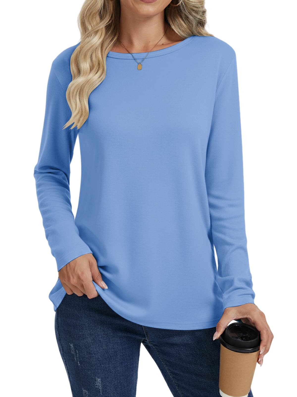 Cuptacc T-Shirts Für Damen Herbst Shirts Basic Longsleeve Damen Oberteil Herbst Bluse Langarm Baumwolle Tops Himmelblau XXL 50-52