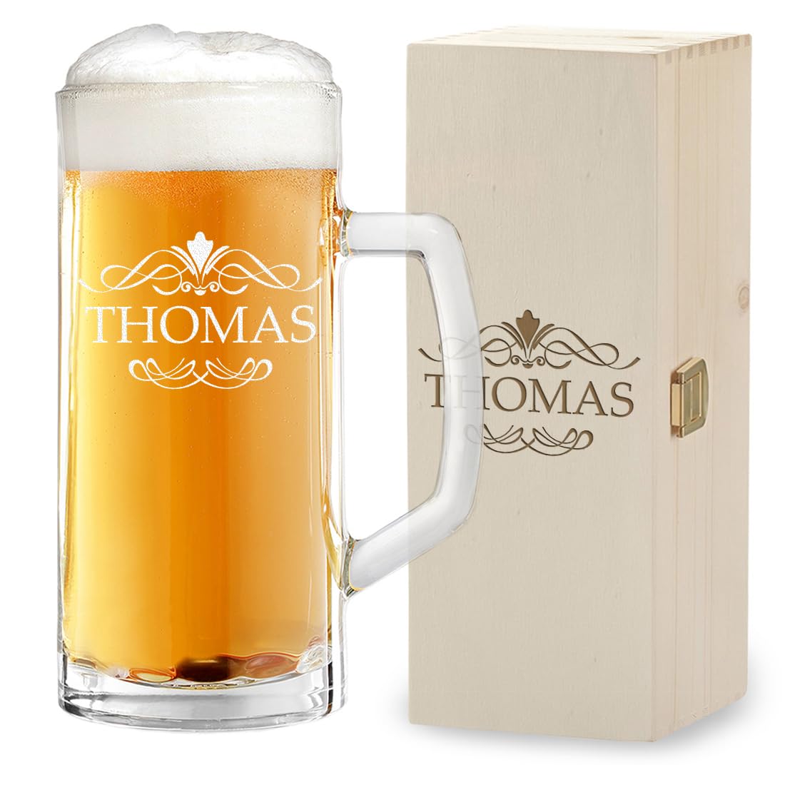 Ensemble chope à bière de 500 ml et boîte en bois avec gravure - Cadeau d'anniversaire pour homme - Idéal pour anniversaire et fête des pères - Verre à bière pour Pils et Craft Beer - Passe au