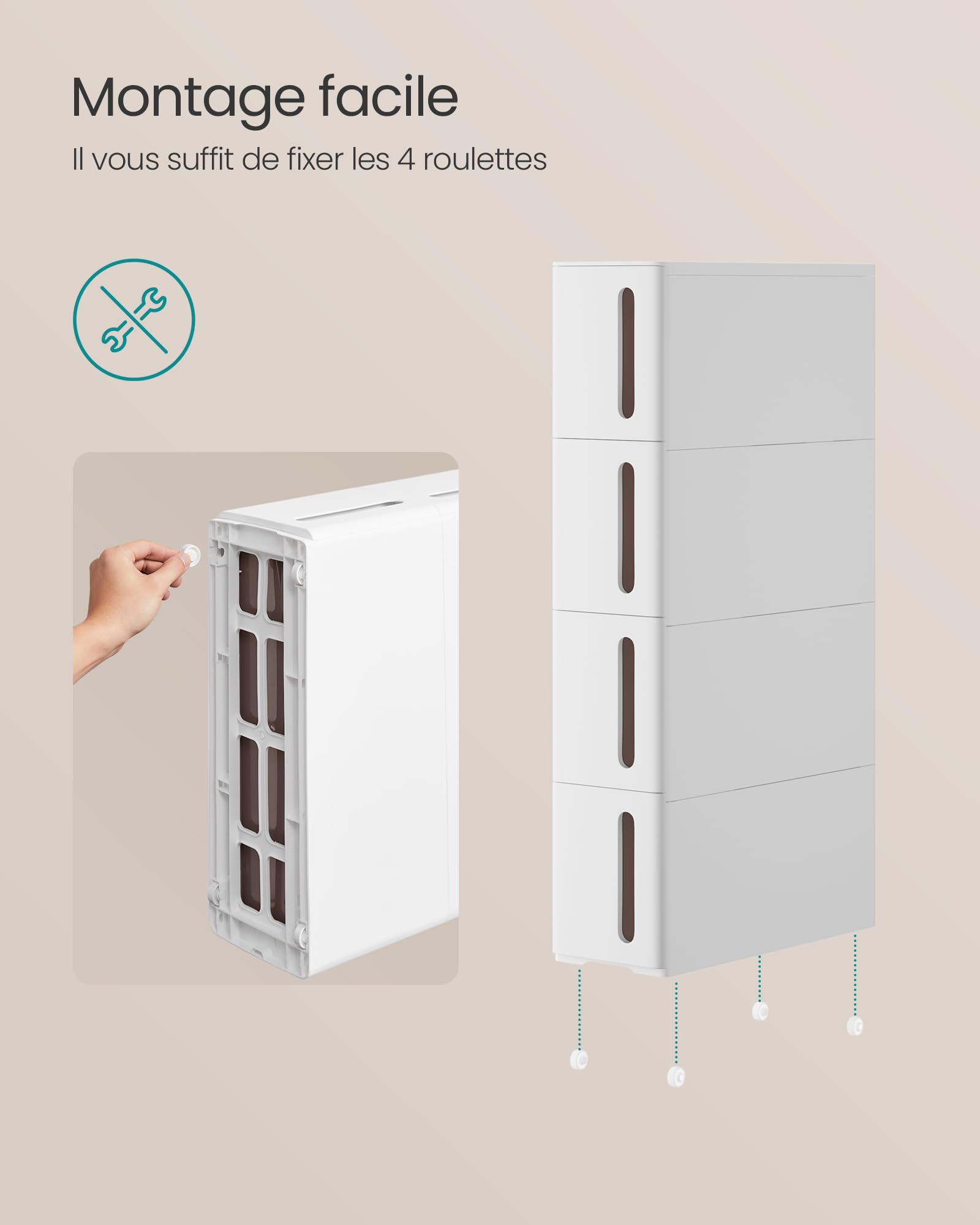 SONGMICS Étagère de Rangement à Roulettes pour Petits Espaces, Chariot Roulant avec 4 Tiroirs, Largeur 17,3 cm, Fin, Salle de Bain, Cuisine, Plastique PP, 45,2 x 17,3 x 84 cm, Blanc et Marron KFR08WT