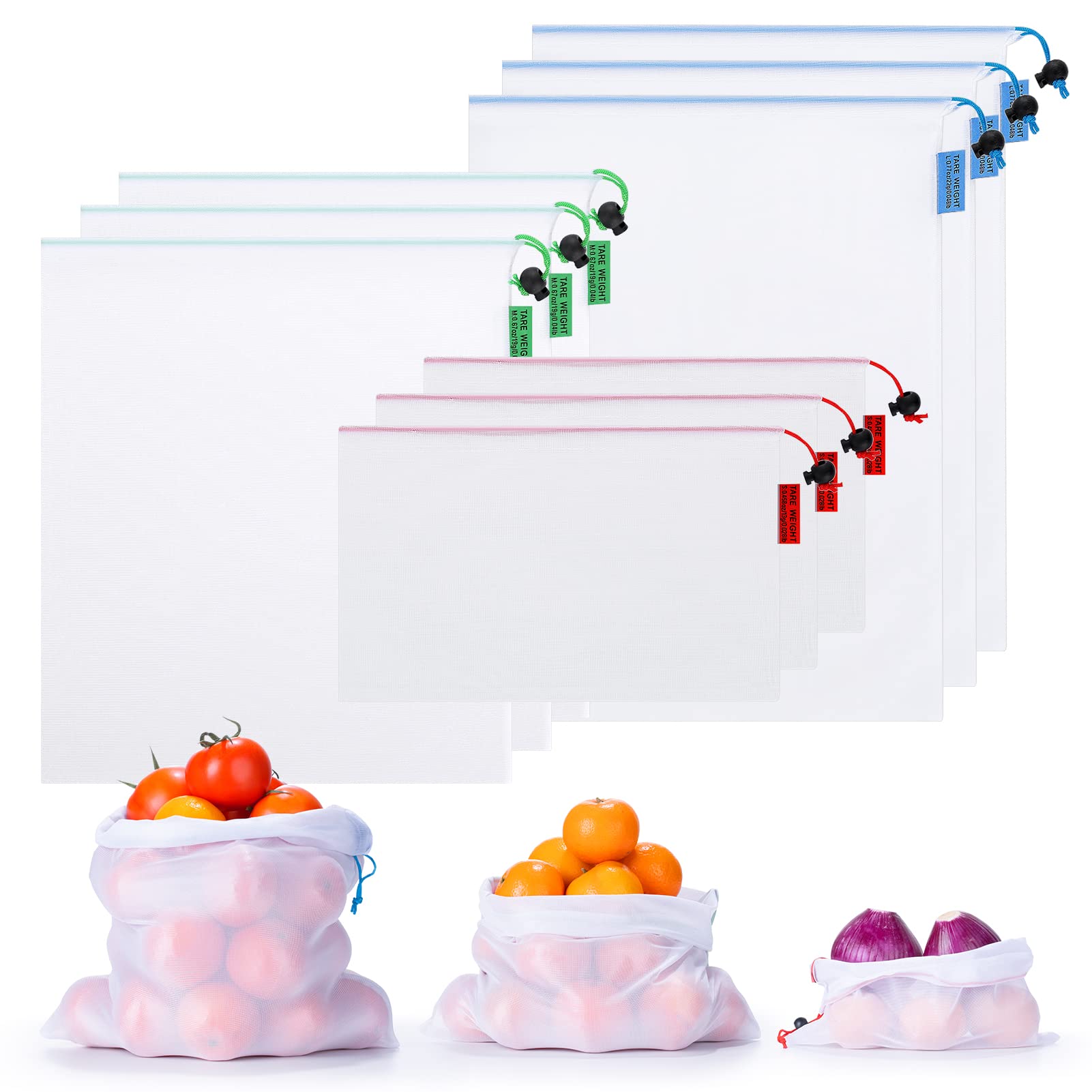 INOVASHON Reusable Mesh Produce Bags 9PCS, Multi-Sized Washable Mesh Bags, Drawstring Produce Bags for Fruit, Vegetable, Toys, Grocery (3 Various Sizes)