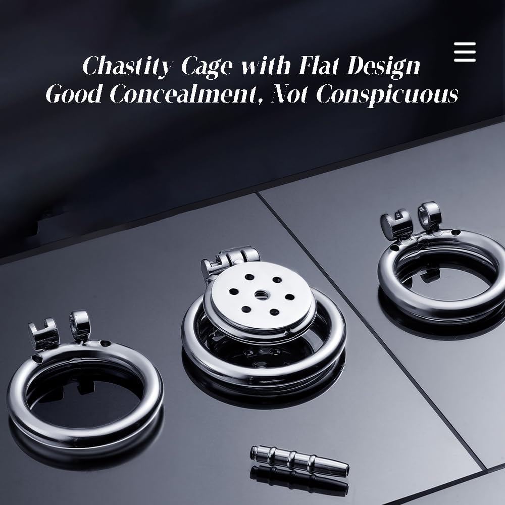Gabbia di castità in acciaio inossidabile con forma piatta, 3 misure di anelli, set con cintura per uomo con apertura uretrale, indossabile e invisibile (silver,S)