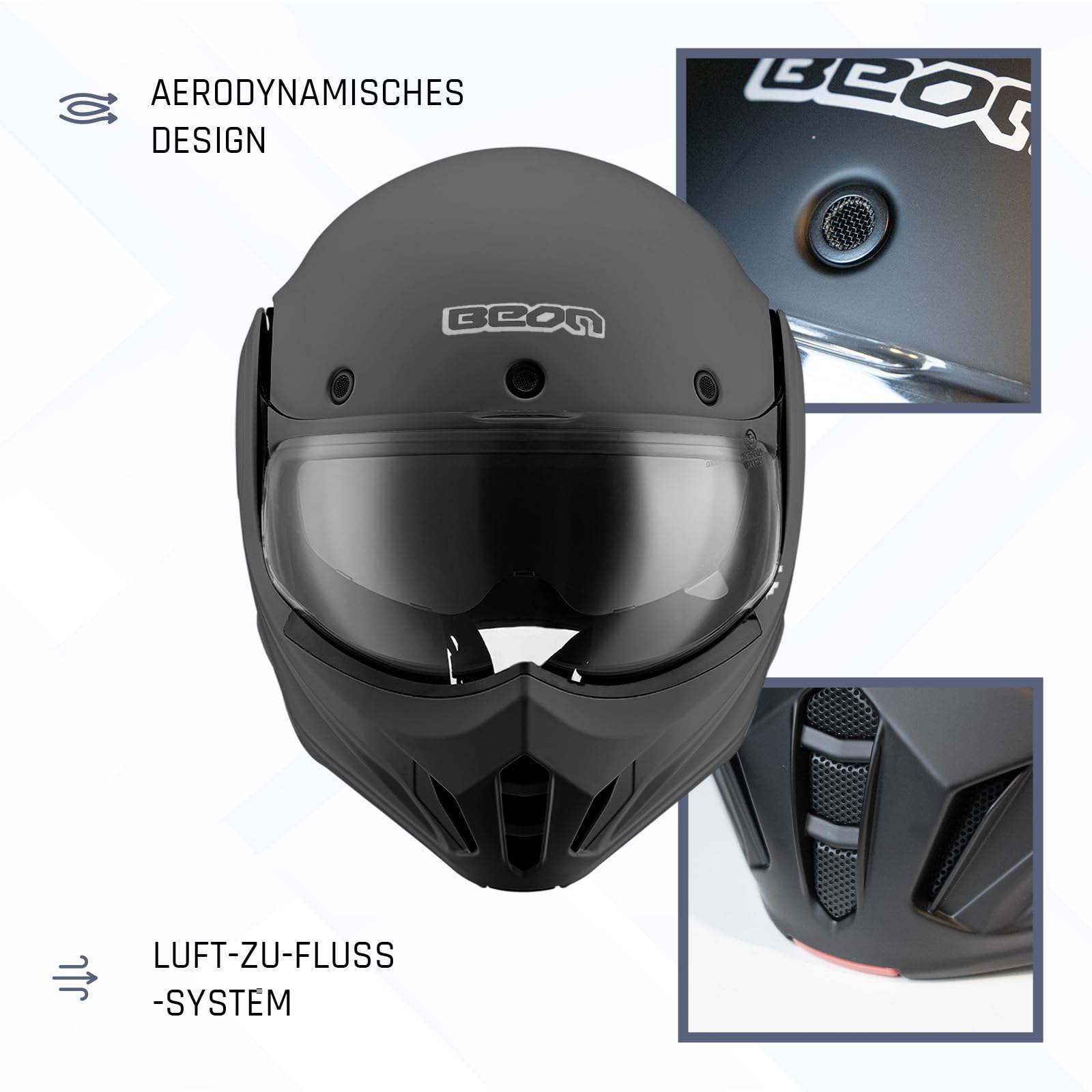 BEON Stratos Motorradhelm - Systemhelm Klapphelme mit Visier und Sonnenblende - Rollerhelm Sonnenblende - Motorrad Helm Damen & Herren - Integralhelm 180° Klappbar - Anti-Kratz-Visier - L