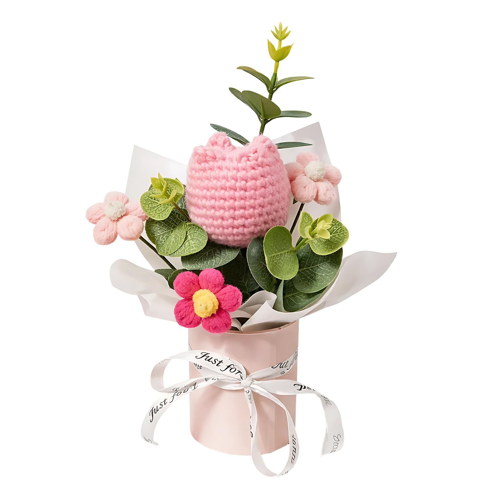 BAGUBDR Crochet Flowers, Knitted Flowers, Crochet Flower Bouquet, Handmade Tulip Bouquet in a Bucket, Decorative Home Accent, Long-Lasting Floral Arrangement, Unique Gift Idea