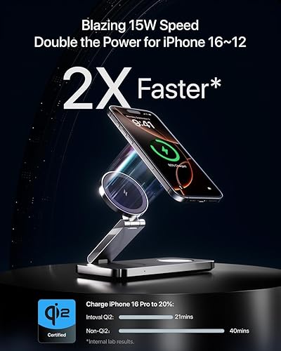 Miniatura 6 de Intoval Estación de carga inalámbrica plegable 3 en 1, cargador inalámbrico ultra rápido de 15 W con certificación Qi2 para Magsafe, soporte de