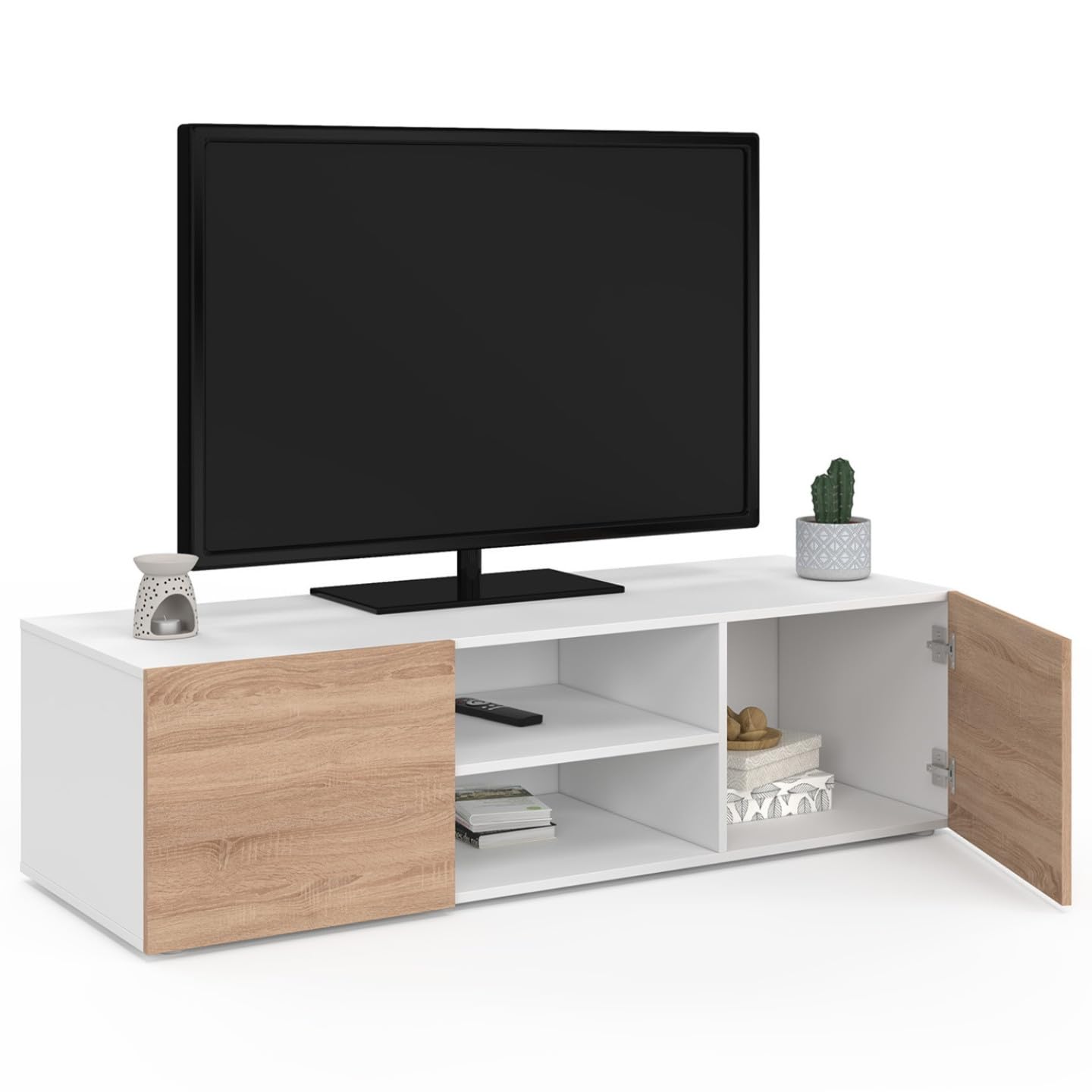 IDMarket - Meuble TV 113 cm ELI Blanc Portes façon hêtre