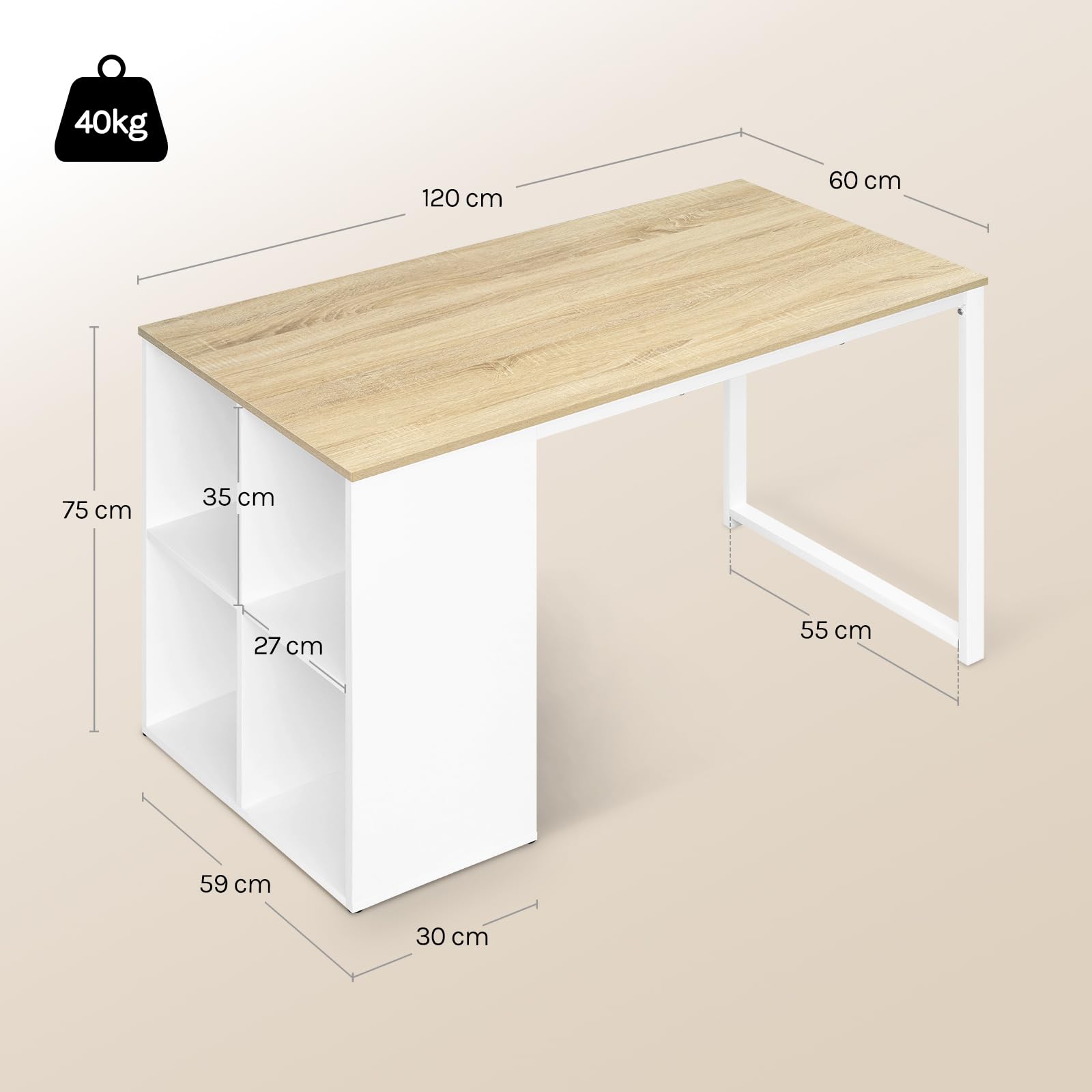 WOLTU Bureau avec Rangement et Etagere, Table Bureau 120x60x75 cm, pour Études et Chambre Ado, Chêne Blanc