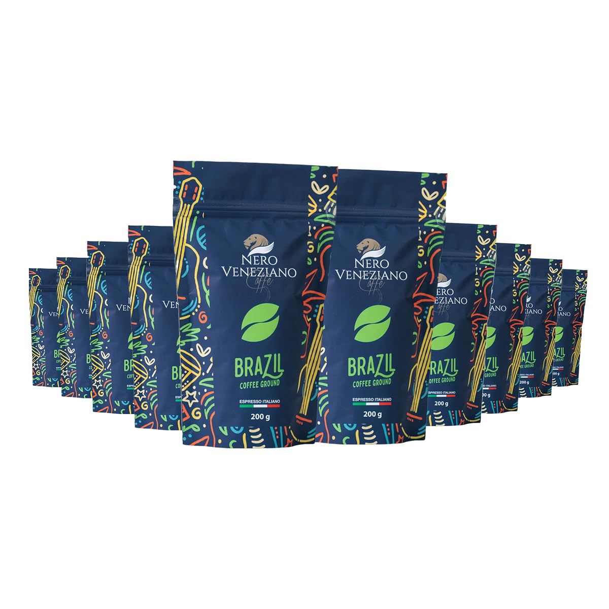 Nero Veneziano Brazil Caffè Macinato 10x200 g 60% Arabica 40% Canephora, Tostatura Media, Note di Cioccolato e Nocciola, Bassa Acidità per MOKA