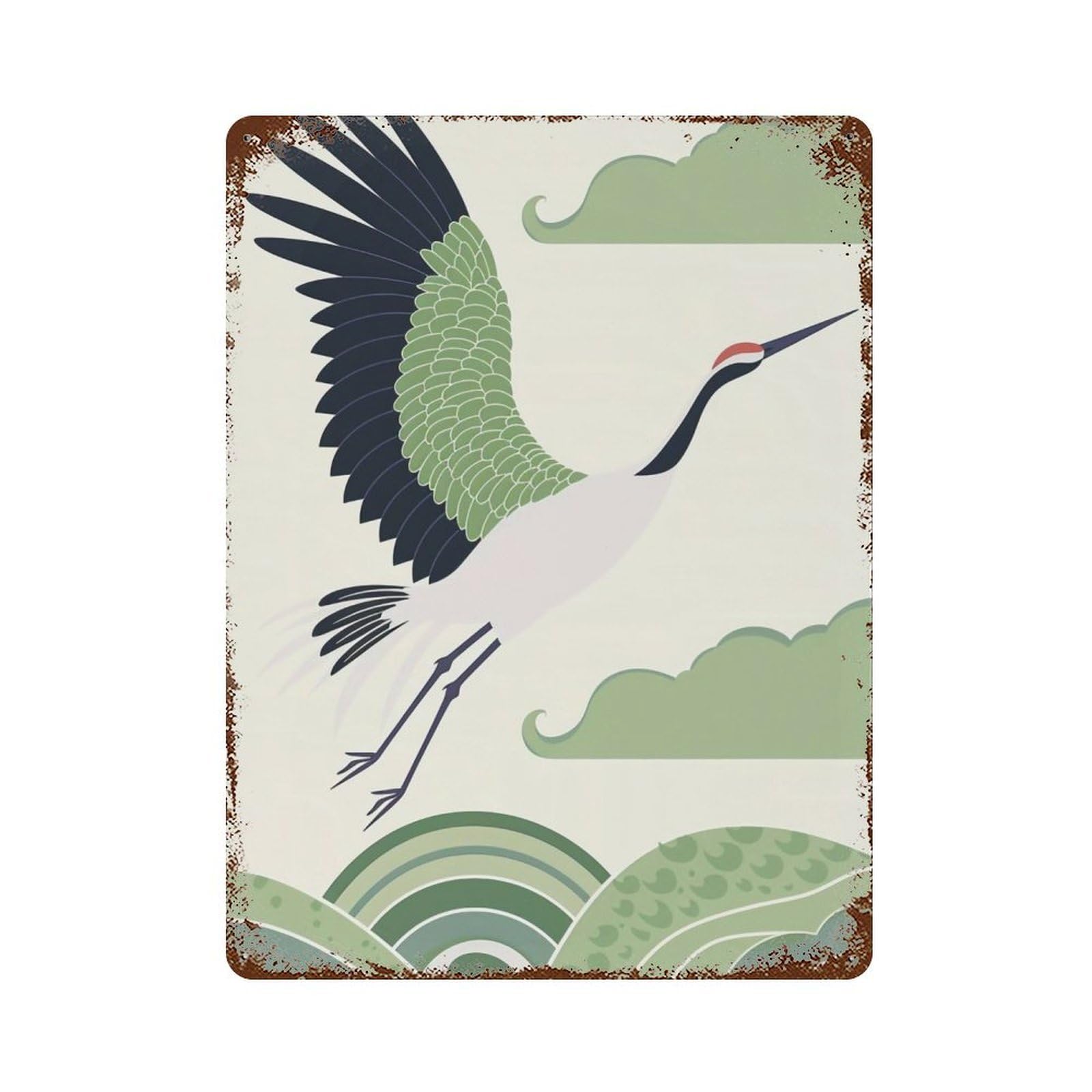 YHGERTKU Olive Green Crane Woodblock 02 Wall Art Retro Iron Vintage Metal Tin Sign Poster Modern Decor for Living Rooms Gift 40x30cm