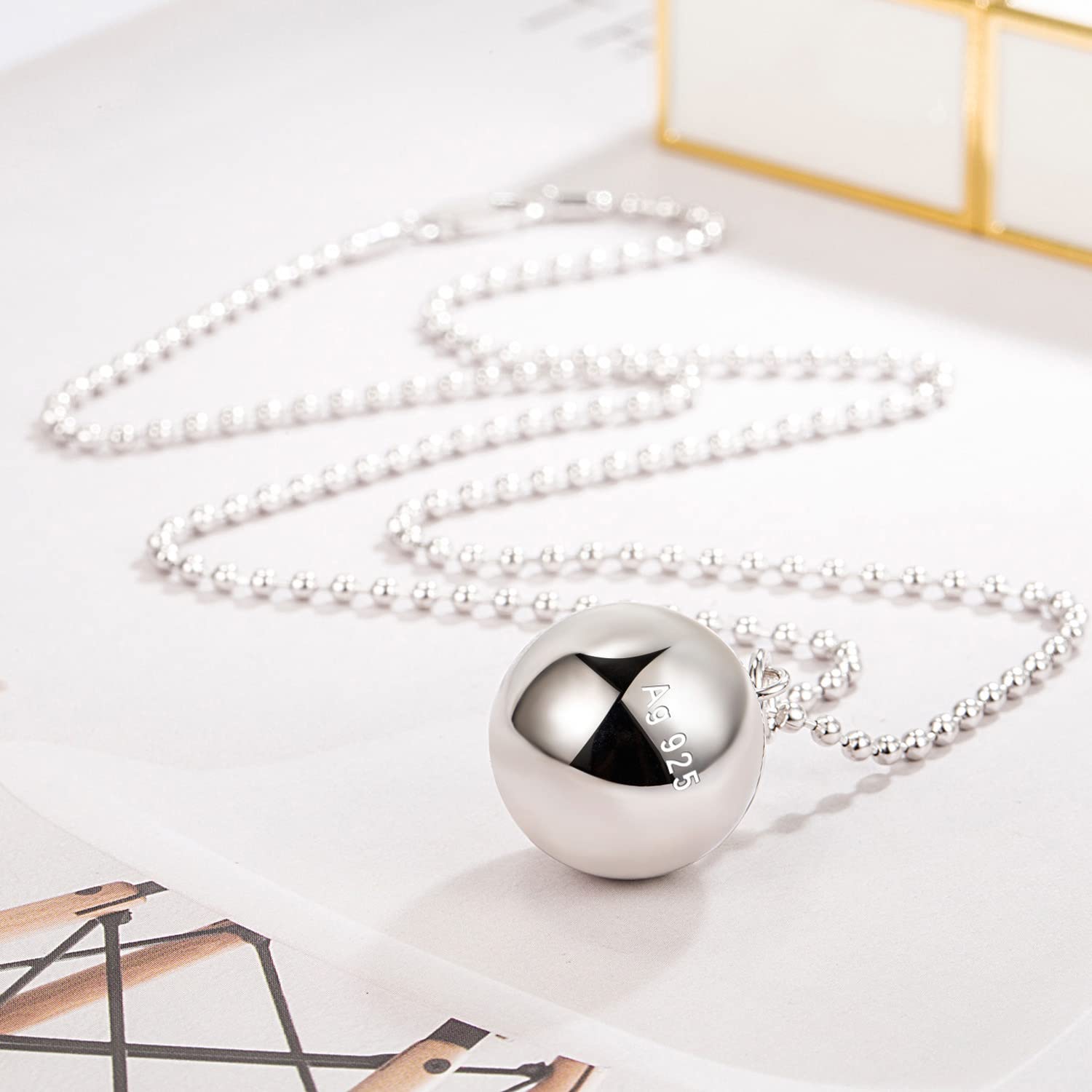 Dankadi - Collar fino y colgante de cascarilla redonda de 925 plata, cadena lisa, llamador de ángeles, longitud 45-50-55-60-65 cm, regalo de joya musical para mujer