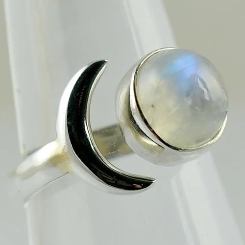 Vista 3 de Navya Craft Anillo de plata de ley 925 con piedra lunar y luna creciente, ajustable, para mujer, piedra lunar arcoíris natural, joyería hecha a