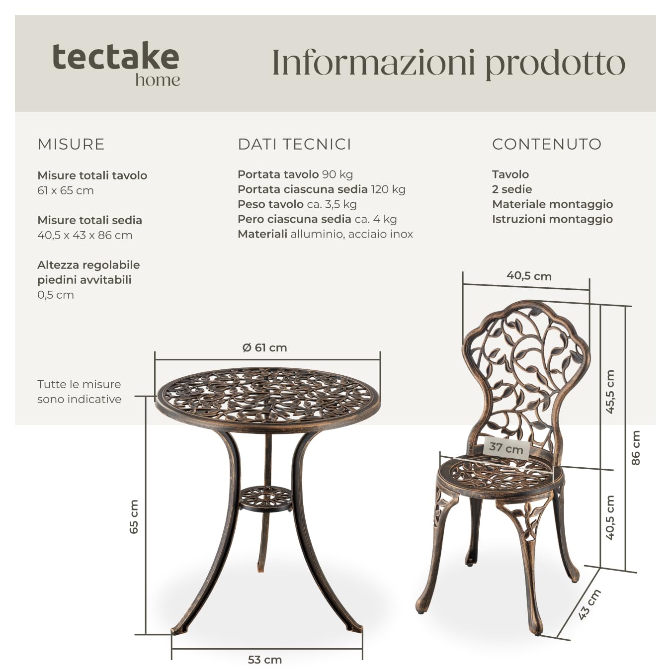 Tectake Bistrot Set per 2 Persone, Tavolo e Sedie da Giardino in Alluminio, Motivo Foglia Vintage