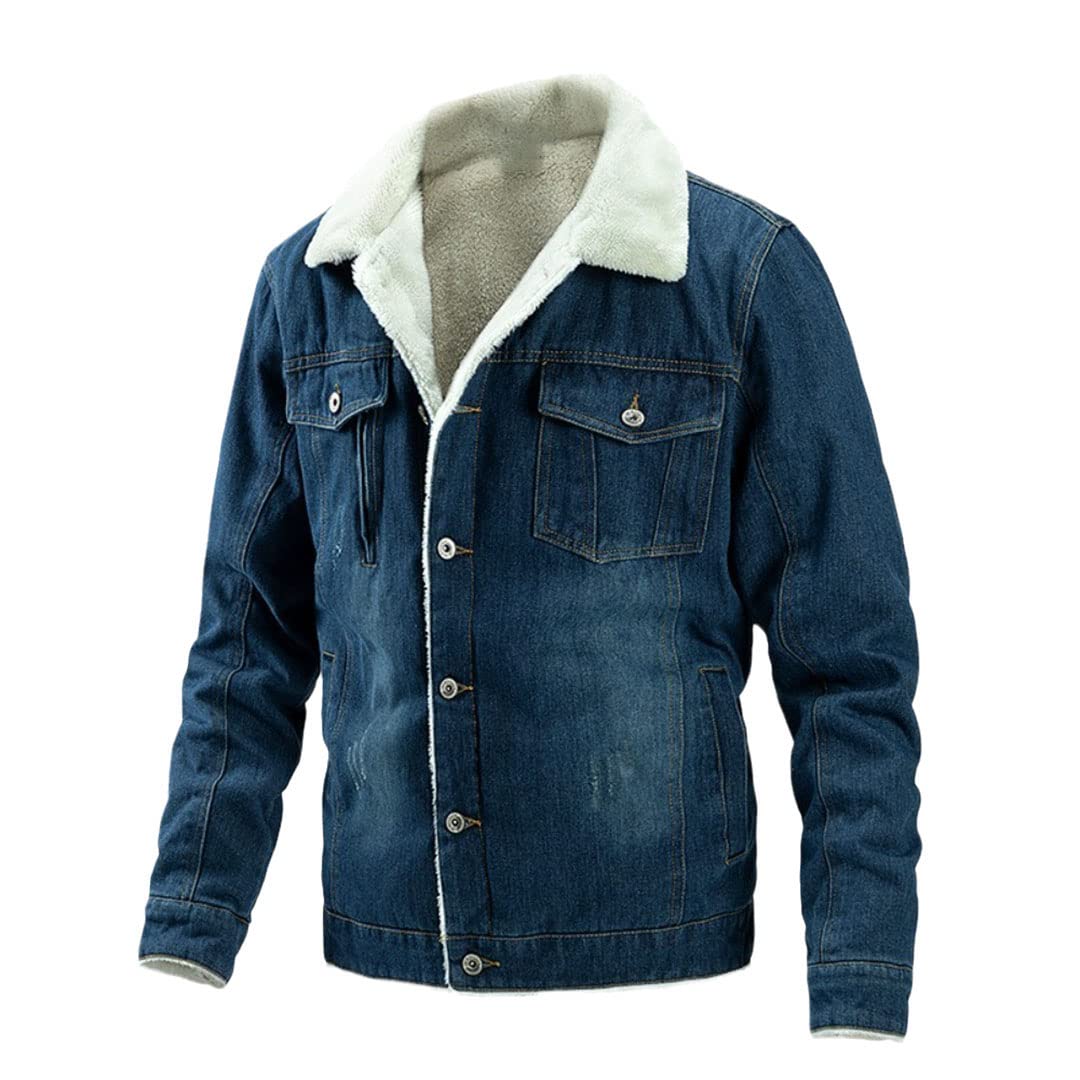 Ownwfeat Men's Jacket Slim-Fit Lapel Thick Denim Jacket