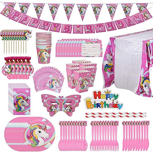 126 Pieces Unicorn Party Supplies Pack, Comes with Disposable Tableware and Birthday Party Decoration Favors for Kids, 16 Varieties