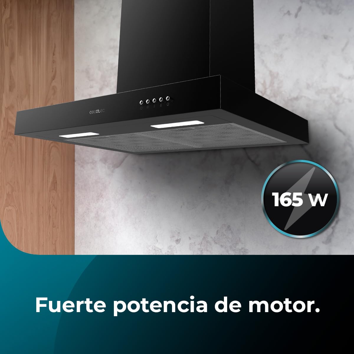 Cecotec Hotte Aspirante 60 cm Type T Bolero Flux TM 606500 Black A. Moteur 165W, Finition en Noir, Aspiration 650m3/h, Contrôle Mécanique, 3 Niveaux de Puissance, Éclairage et Filtre à Charbon