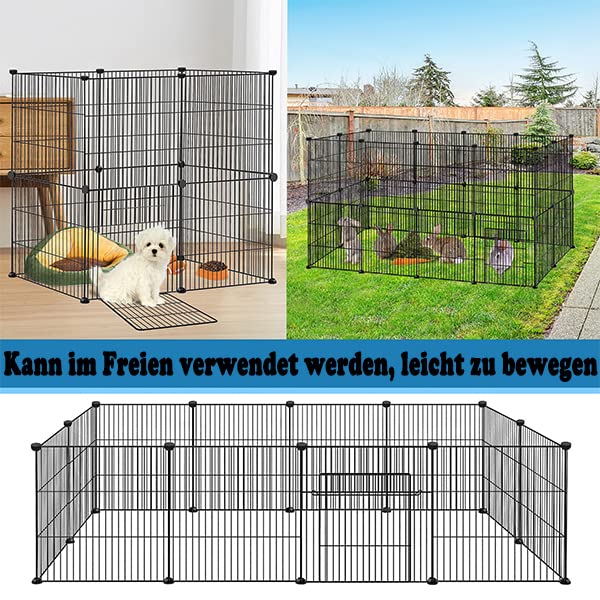 LILIIN 12PCS Freilaufgehege, Freigehege für Kaninchen, Meerschweinchen Käfig, Kleintiergehege mit Tür, Gehege für Kleintiere, Hasen, Frettchen, Igel 142 x 72 x 36 cm,Schwarz