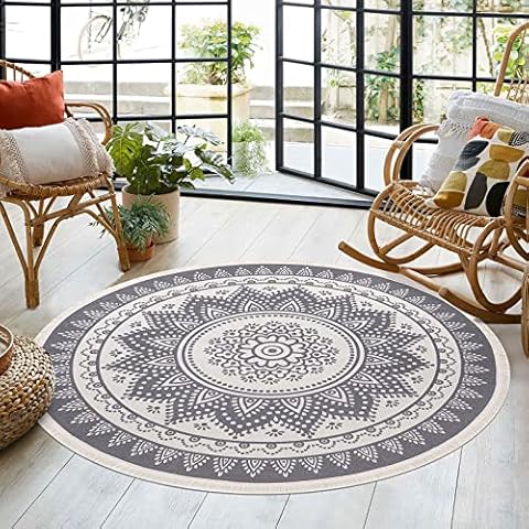 SHACOS Vintage Teppich Rund 160cm Grau Baumwollteppich Rund Waschbar Teppich Mandala Cover
