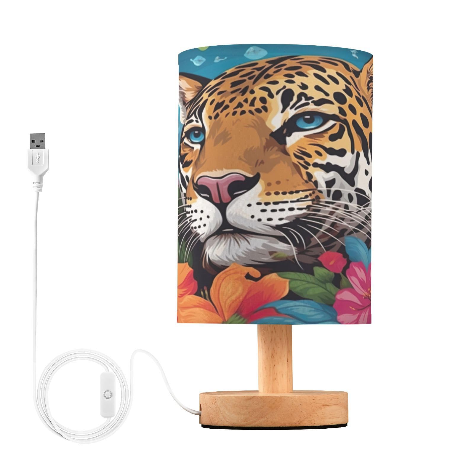 SDMKA Jaguar and Flowers Bedside Table Lamp for Bedroom, Minimalist Nightstand Lamp with Round Fabric Shade for Living Room, Office, No Bulb Required