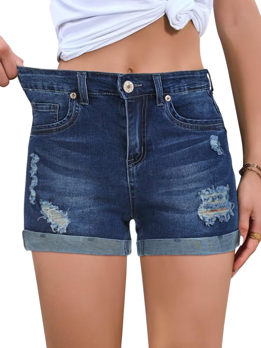 FEKOAFE 2026 Womens Casual Mid/High Waisted Denim Shorts Summer Stretchy Ripped Jean Shorts for Women