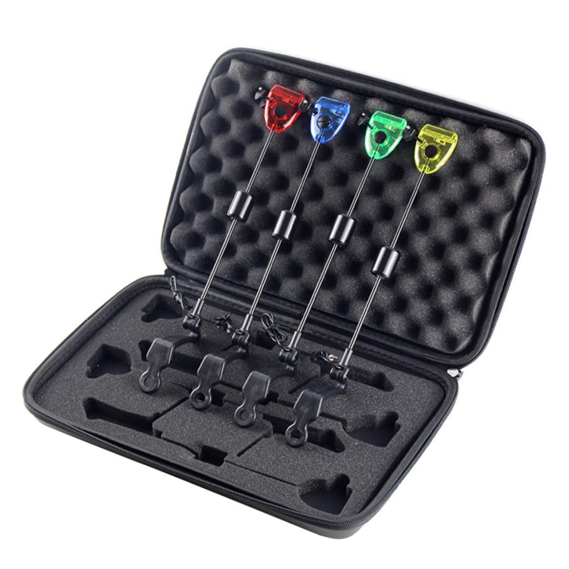 Alarmas de mordida Pesca de Carpa 4 Piezas 13 Pulgadas LED Alarma de mordedura de Pesca con Caja de Transporte Rojo Amarillo Azul Verde Indicadores de Swing Alarmas Aparejos