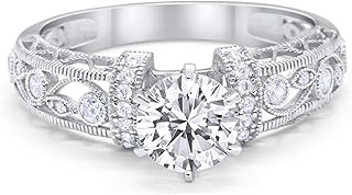 Blue Apple Co. Art Deco Wedding Engagement Promise Ring Round Cubic Zirconia 925 Sterling Silver