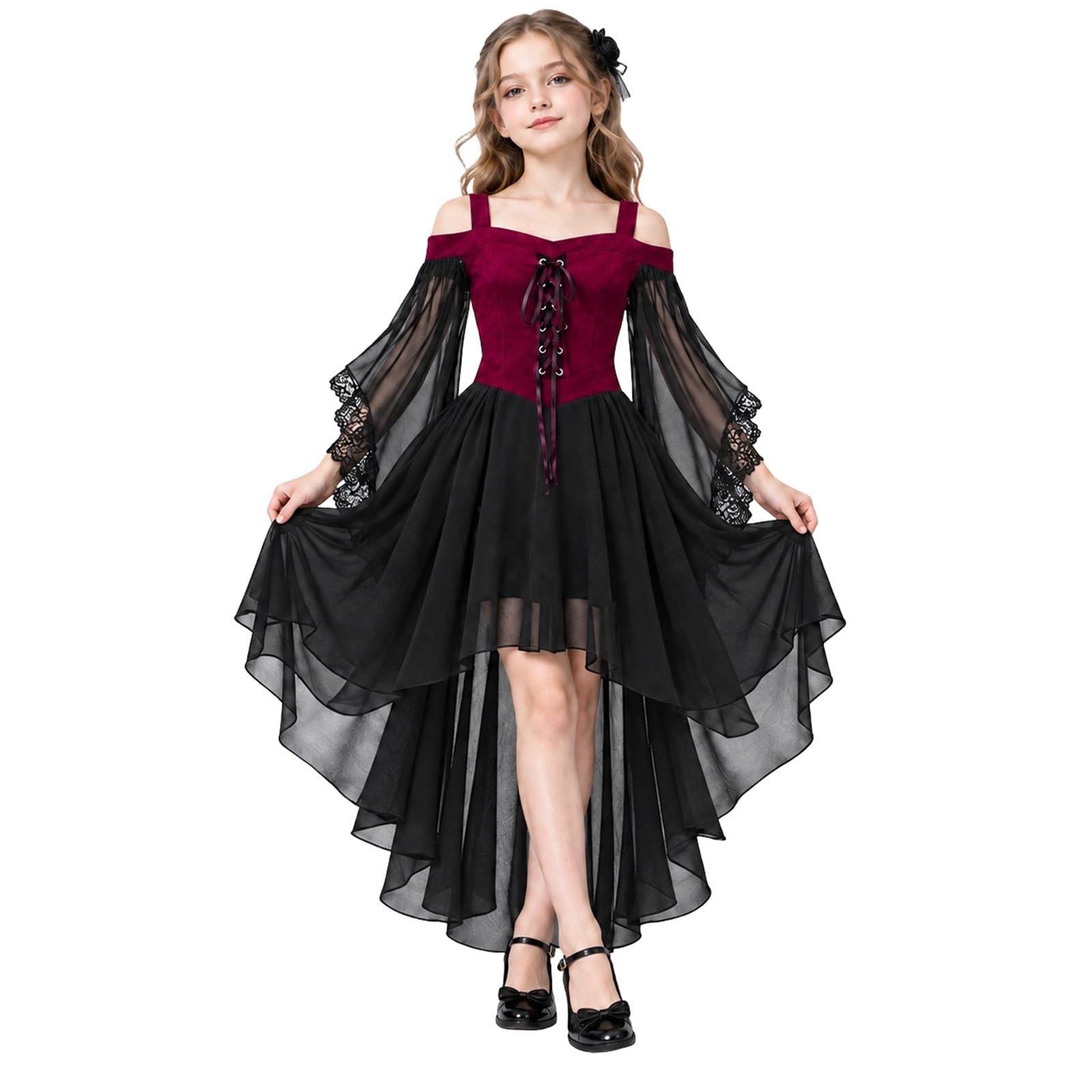 Girls Gothic Fancy Dress Costume Kids Halloween Witch Cosplay Outfit, Off Shoulder Lace Up Chiffon High LowSteampunk Dress with FlareSleeves for 7 8 9 10 11 12 13 Years (7-8 Years)
