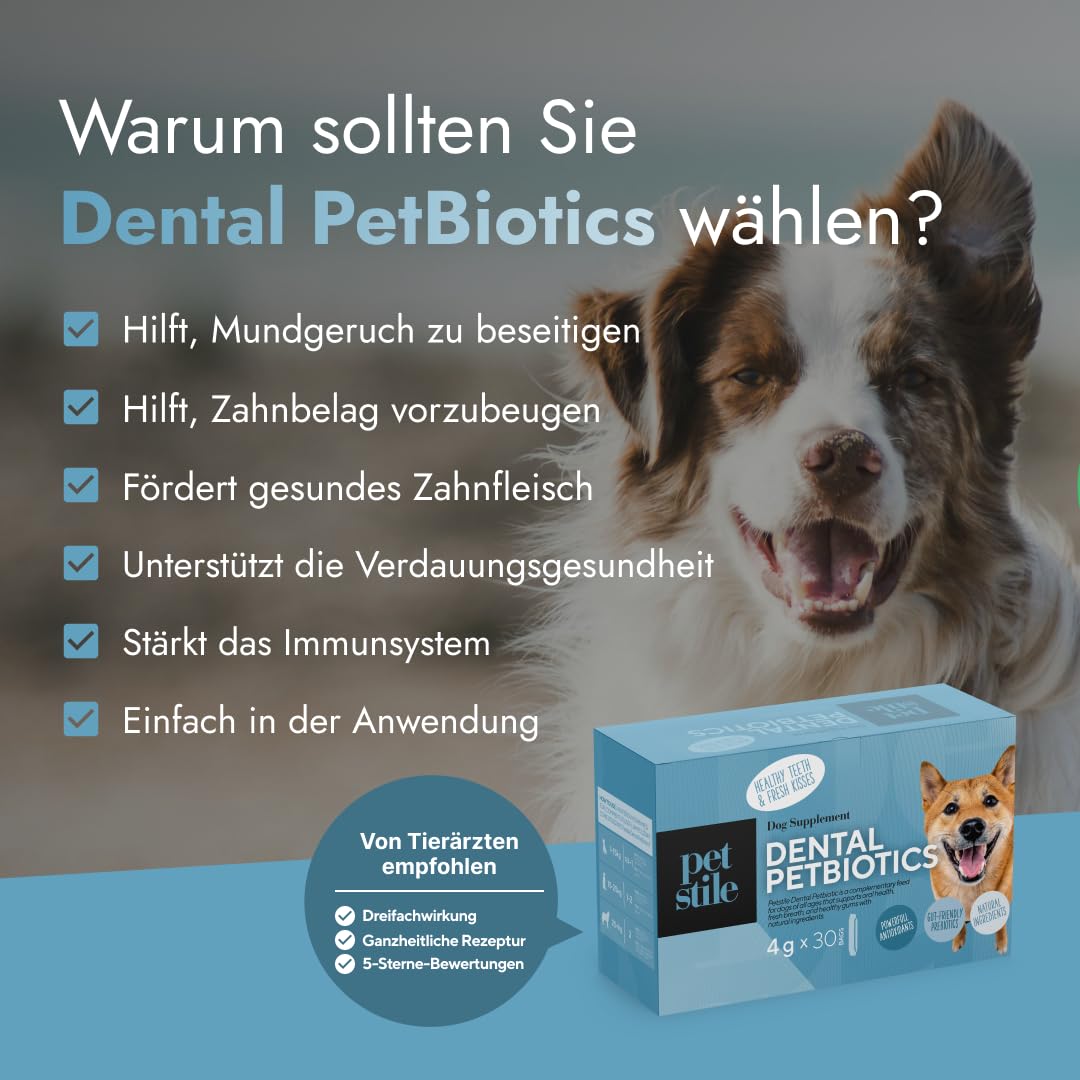 Dental PetBiotics – Zahnpflegepulver für Hunde mit Probiotika & Kräutern – Gegen Mundgeruch, reduziert Zahnbelag, unterstützt gesundes Zahnfleisch & die Darmflora (1x 120 g)
