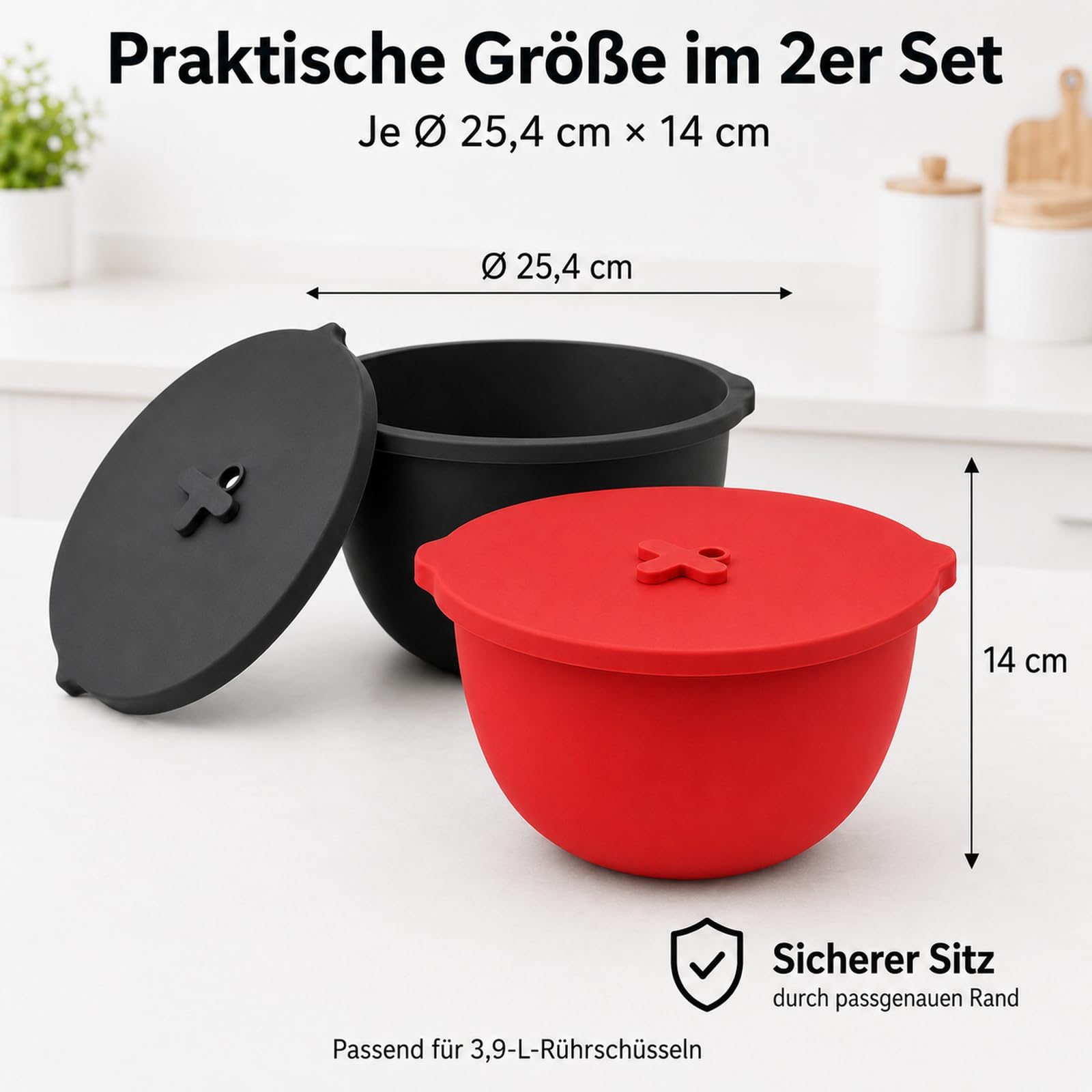 2er Silikoneinsätze mit Deckeln für Bosch MUM5 Rührschüssel 3,9 L | Bosch Küchenmaschine Serie 4 Zubehör (MUM5xxx), passend für MUZ5KR1, Teigschüssel für Hefeteig, Brotteig, Gären & Kühlen