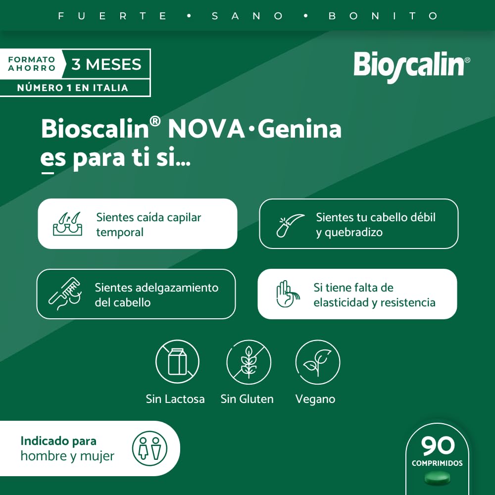 Bioscalin - NOVA·Genina 90 Comprimidos - Tratamiento para Fuerza, Volumen y Brillo Capilar - Con Zinc, Biotina y Tecnología de Liberación Gradual - Suministro para 3 Meses Completos