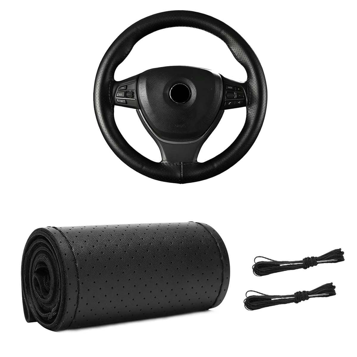 Genuine Leather Steering Wheel Cover, Stitch On Wrap for Steering Wheel up to Diameter 15 Inches, DIY Sewing Steering Wheel Protector, Car Accessories (Black, with Pore)