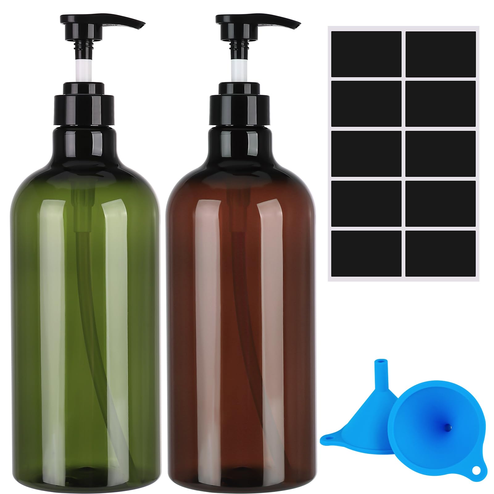 Pump Bottle Dispenser,2 Pcs 1000ml/35oz Refillable Empty Press Pump Bottles,Refillable Plastic Empty Pump Bottles Dispensers with Funnel and Label for Lotions,Shampoo,Conditioner,Green+Brown