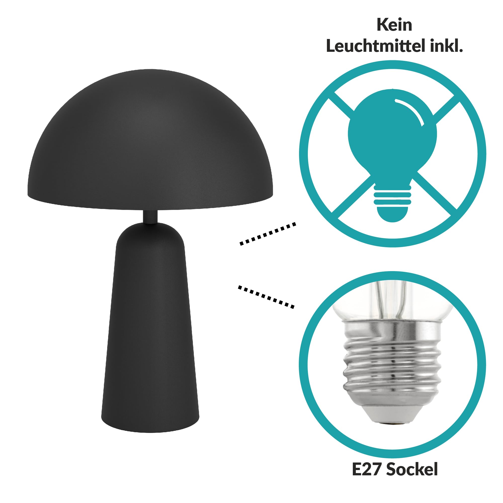 EGLO Tischlampe Aranzola, Nachttischlampe in Pilzform | Deko Tischleuchte minimalistisch, Pilz Lampe für Wohnzimmer und Schlafzimmer, Metall in Schwarz und Weiß, E27