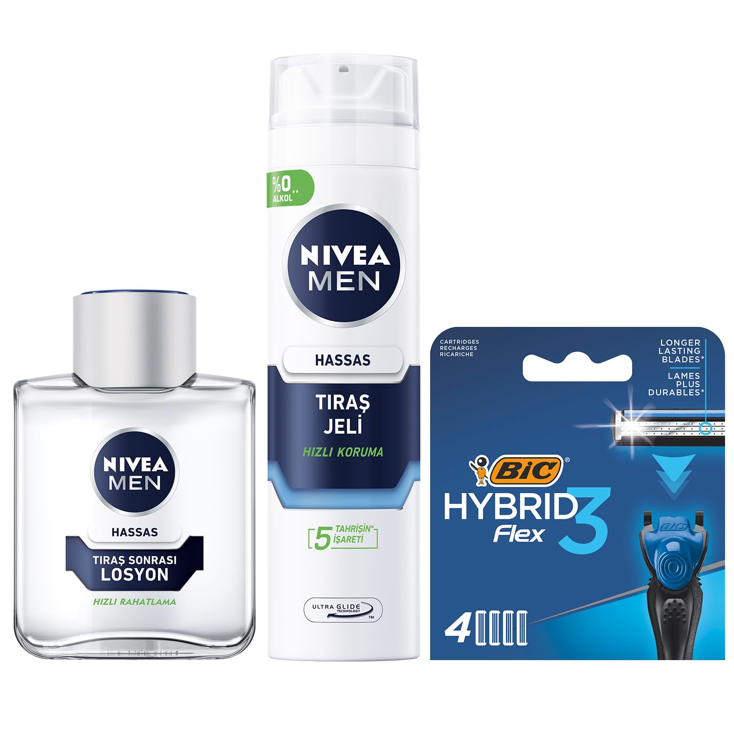 NIVEA Men Hassas Tıraş Sonrası Losyon 100 ml, Hassas Ciltler, Alkolsüz Formül, Hızlı Emilir + Tıraş Jeli 200 ml + BIC Hybrid 3 Flex 4'lü Yedek Tıraş Bıçağı Kartuşu