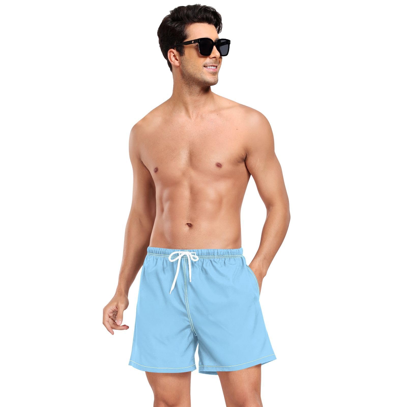 Light Blue Solid Color Pure PlainSwimming Trunks for Men Mens Double Layer Workout Running Shorts with Compression Liner Yoga Shorts Quick Dry Elastic