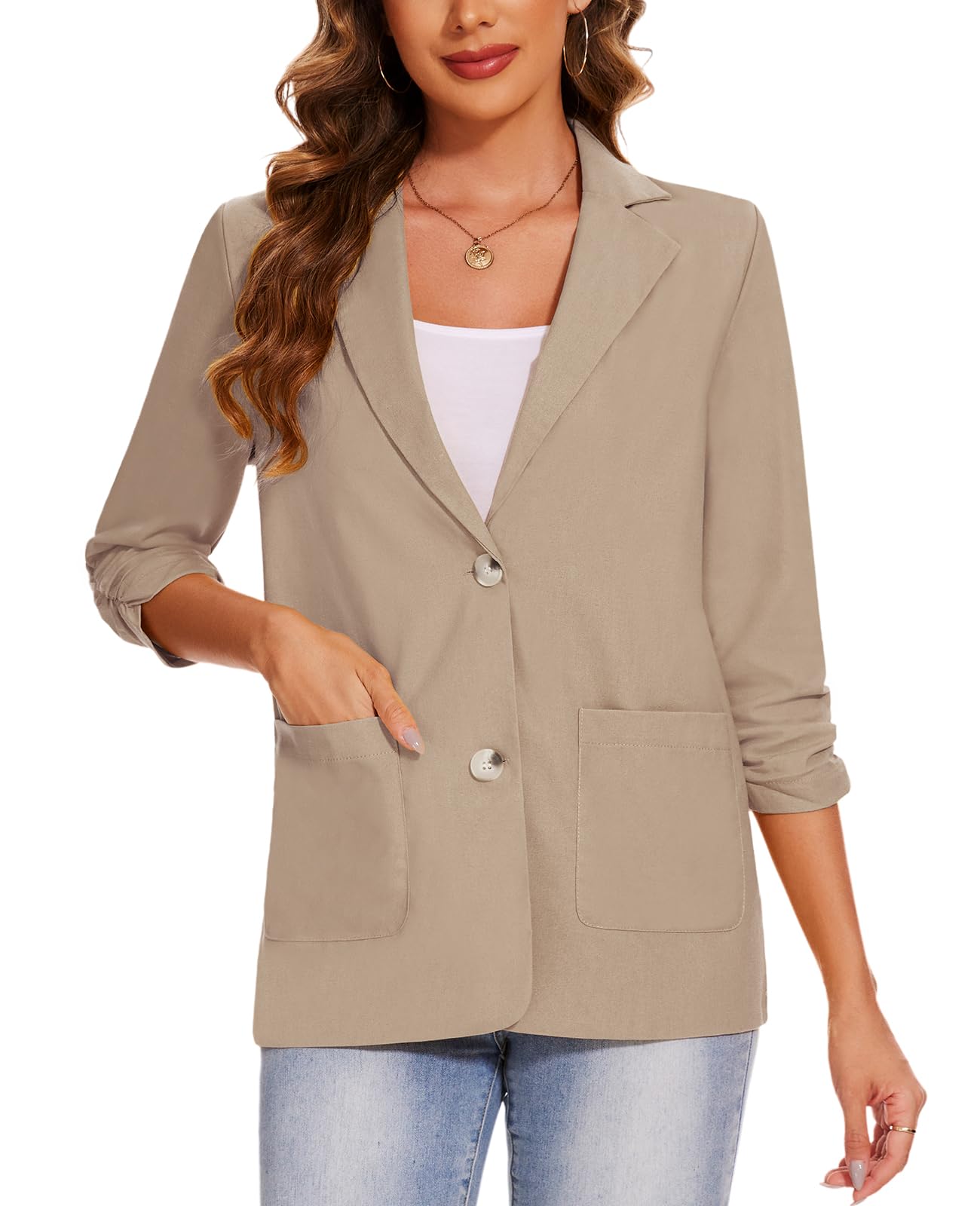 Blazer de lino y algodón con manga 3/4 fruncida para mujer, ligera, para verano, elegante, con botones y bolsillos