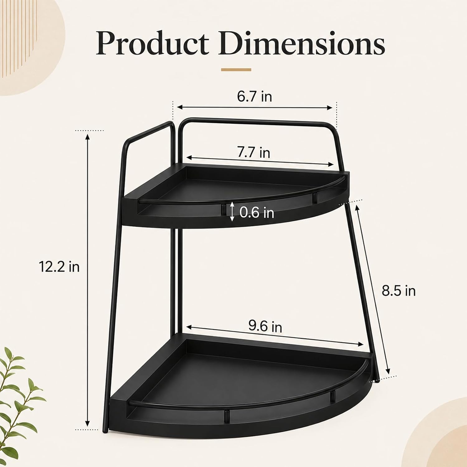 2-Tier Triangle Corner Desk Organizer, 9.6 x 9.6 x 12.2 in Black Wood Base and Iron Space-Saving Storage Shelf, Easy Assembly Corner Counter Shelf for Kitchen Countertop, Bathroom Vanity, Office Rack