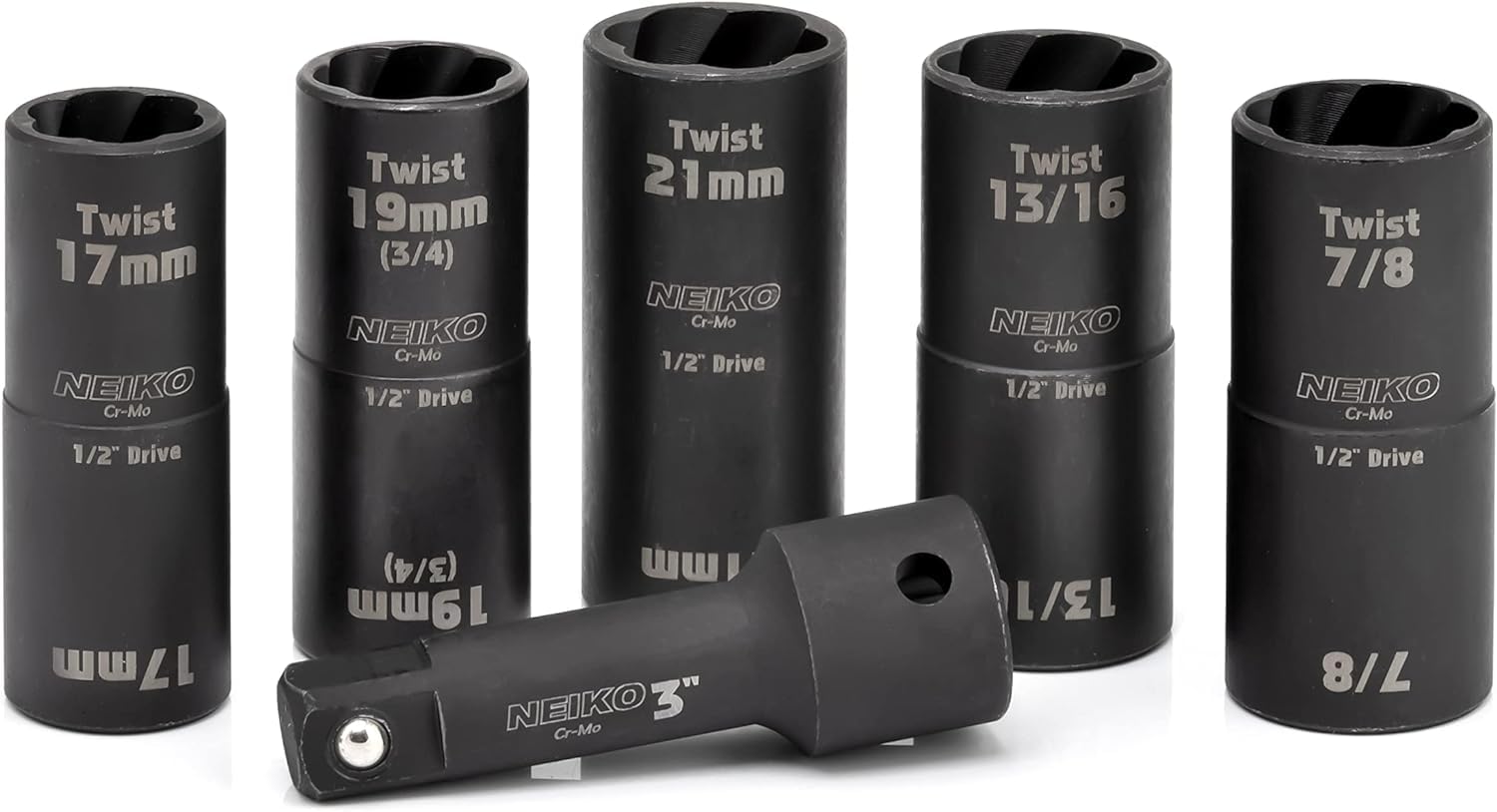 Neiko 02340A Zestaw nasadek obrotowych, 6-częściowy zestaw nasadek nasadowych SAE i metryczny, 1/2" Dr. Impact Flip zestaw nasadek 6-punktowych i skręconych, CR-Mo zestaw nasadek stalowych do kół 7,5