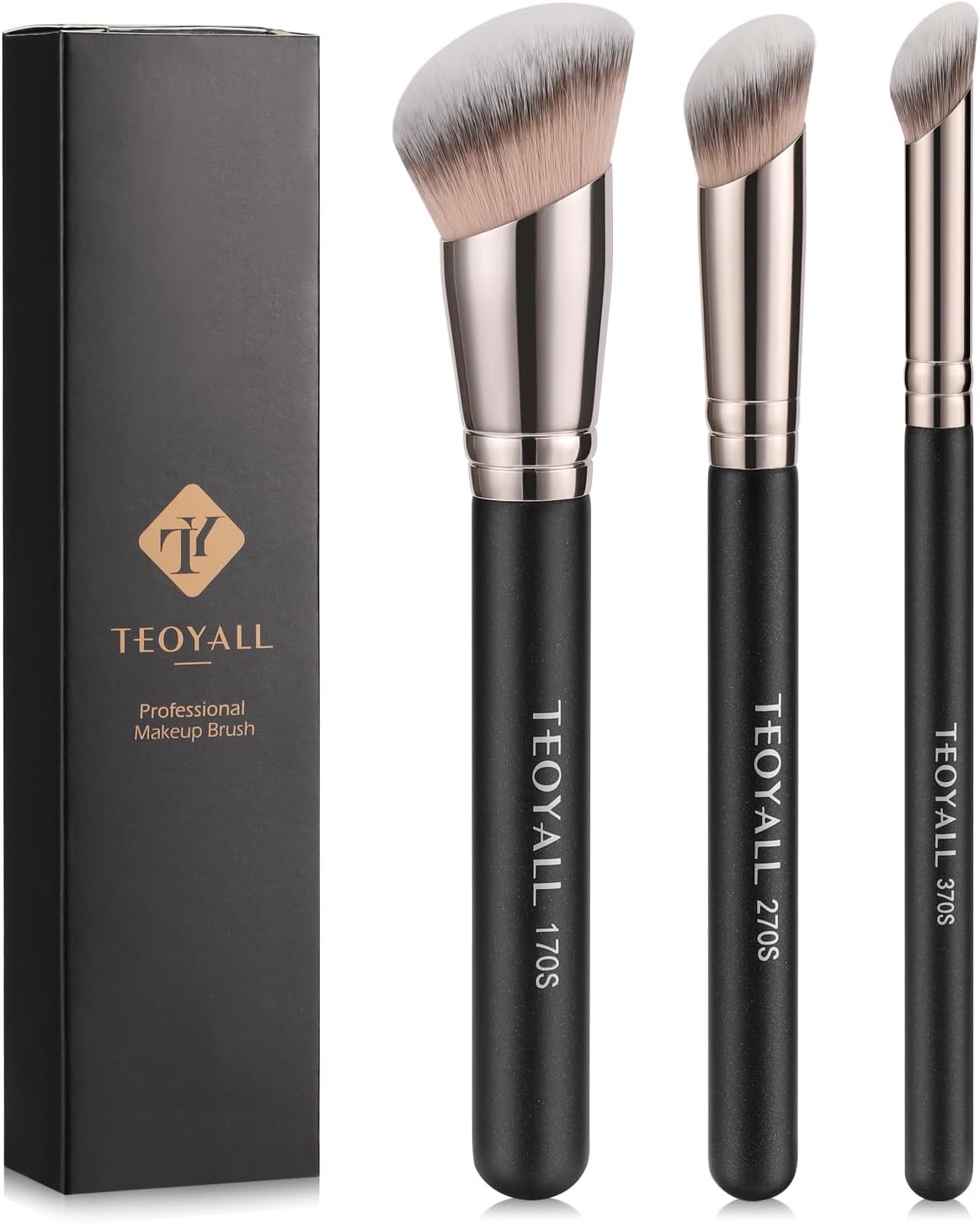 TEOYALL Foundation Contour Conceal Brush Set, 3PCS Angled Synthetic Kabuki Brush for Blending Setting Buffing with Liquid, Cream and Powder Cosmetic