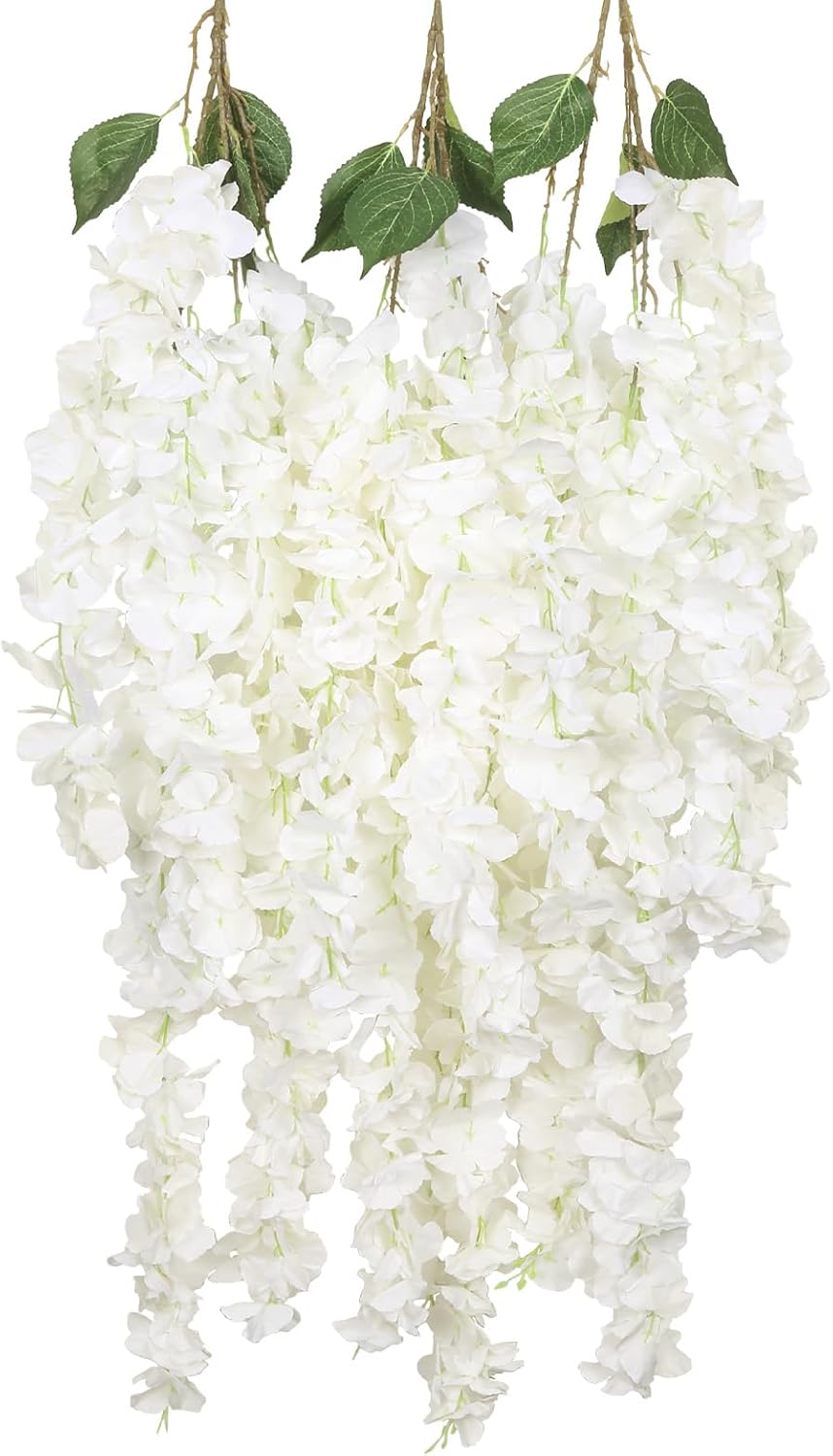 3PCS White Wisteria Hanging Flowers, 5.25ft Artificial Wisteria Garland with 6 Branches Realistic Silk White Hanging Flowers for Decoration, Wedding Arch, Party Backdrop, and Home Wall Decor