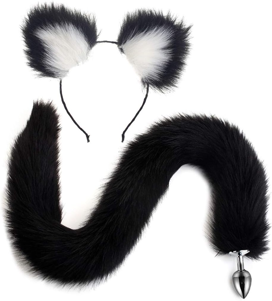 Guizhou White-Black Fluffy Plug Tail Cat Ears Headband Cosplay Role Play Halloween Toys Make Life Wonderful 2Pcs / Set