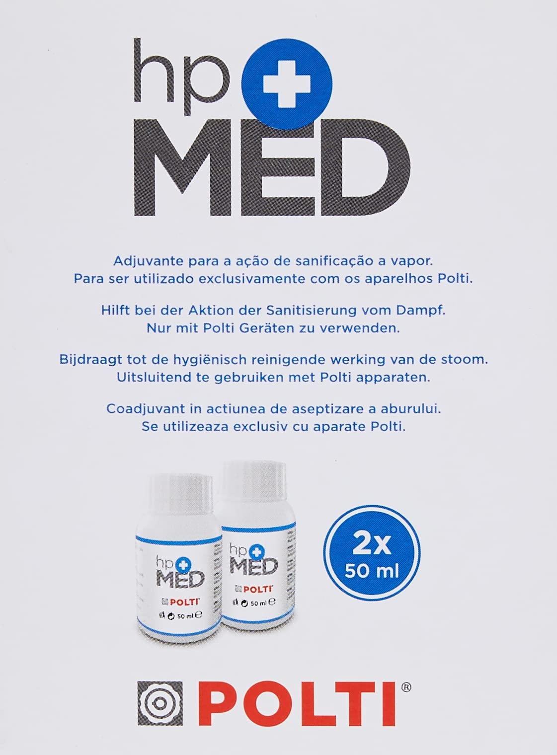 Polti HPMed PAEU0244, Detergente ad Azione Sanificante, Compatibile con Polti Sani System e Polti Cimex Eradicator, 2 Flaconi da 50 ml