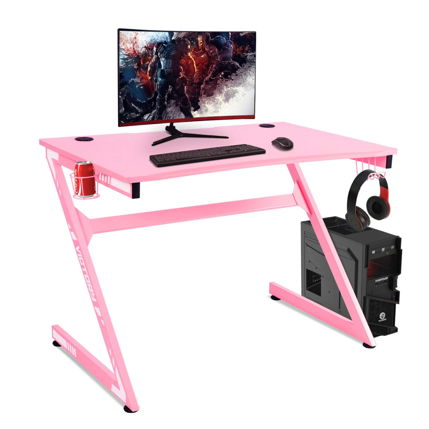 YIGOBUY Computer Workstation Gaming PC Desk Home Office Student Table with Cup & Headphone Holder, Writing Table (White) (Pink)